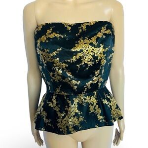 Vintage 1950s 60s black and gold metallic floral cherry blossom Strapless Top S